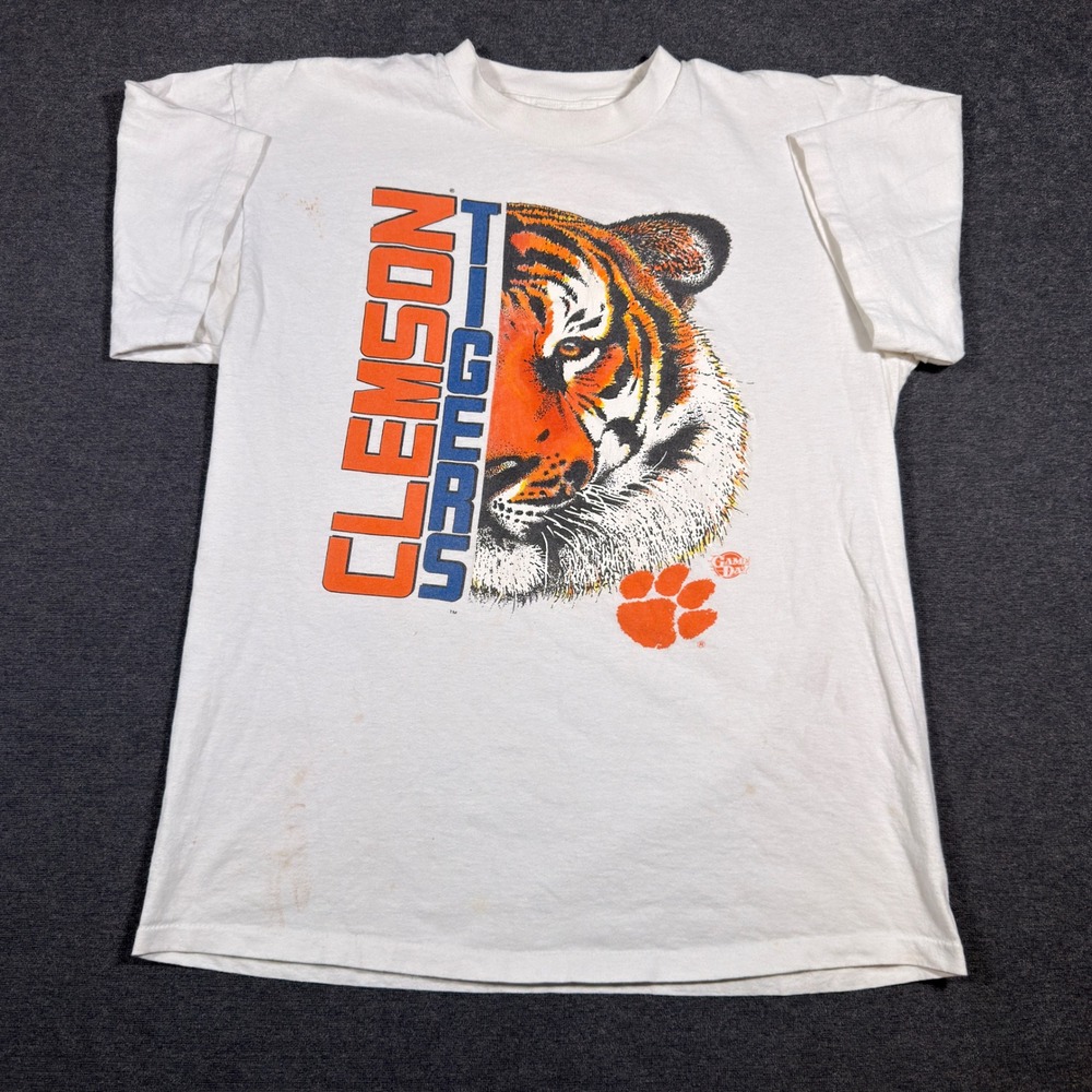 Game Day Clemson Tigers T-Shirt Men L White Vintage Single Stitch NCAA Graphic